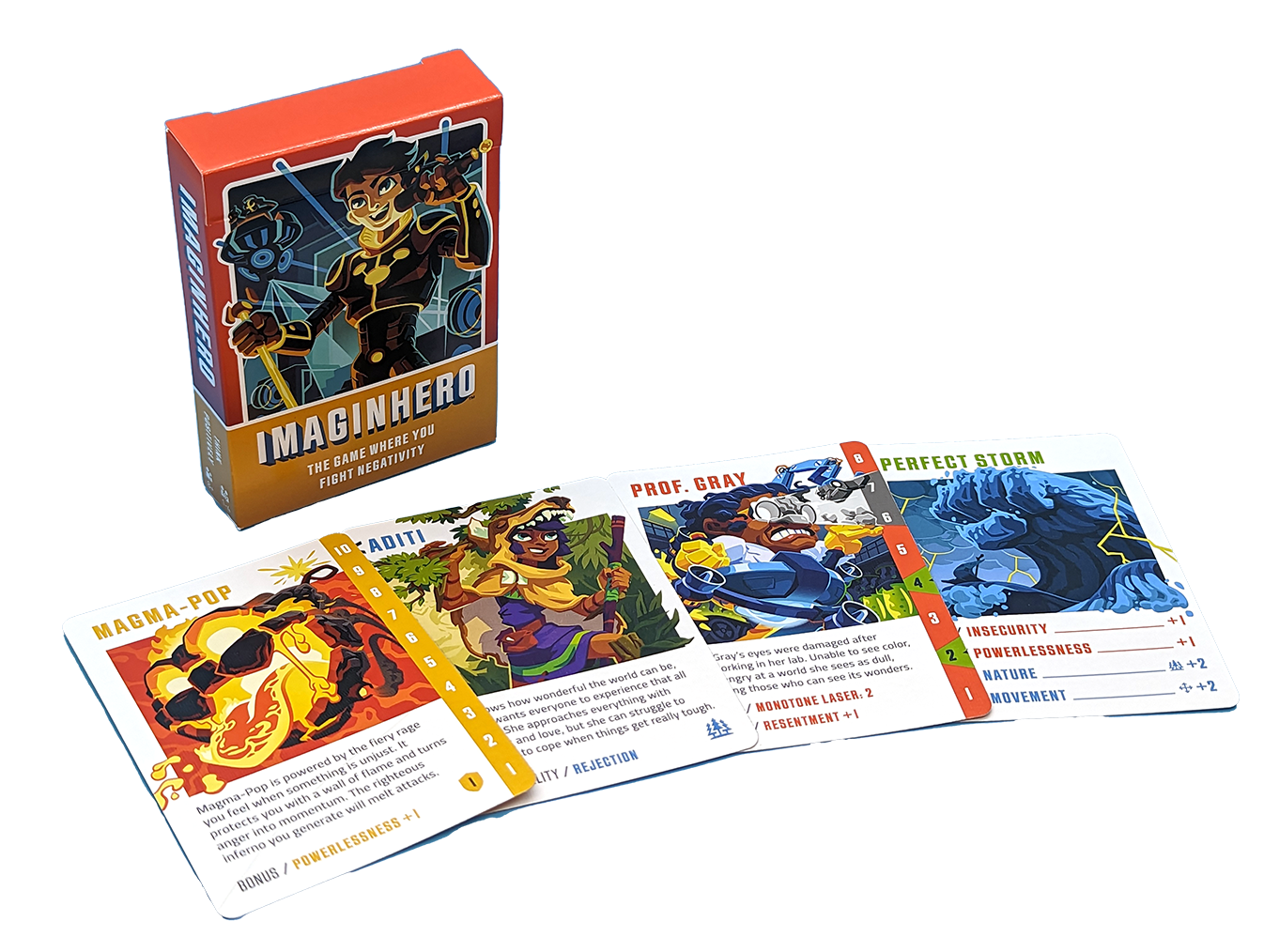 The slip cover of the Imaginhero card game, with 4 cards from the deck laid out in front.